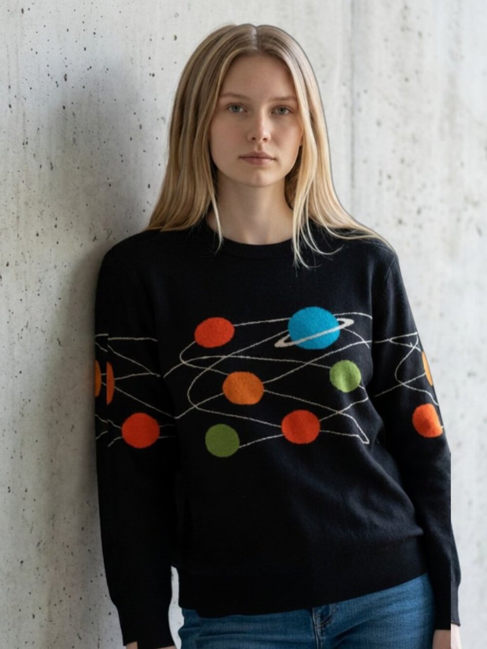 Oxknit Planet Space Sweater Women's 2XL Black 100% Cotton Retro Mod Atomic Knit